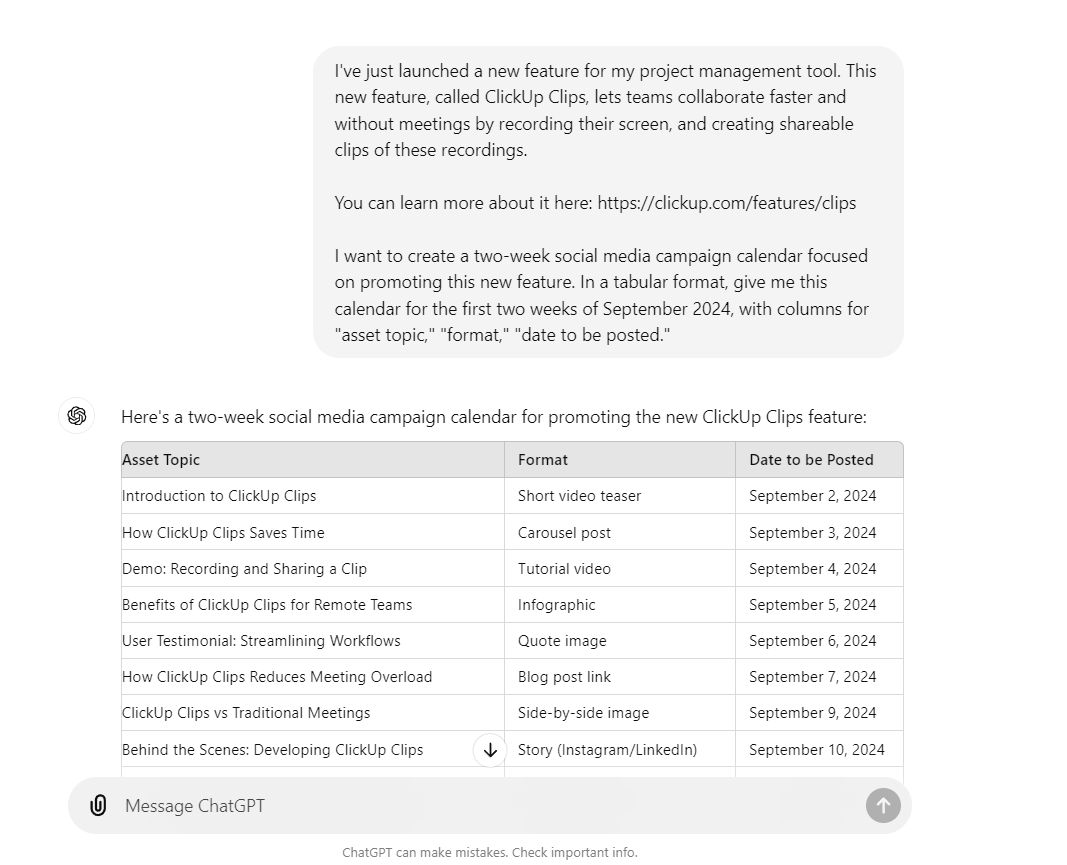 ChatGPT for social media calendar creation