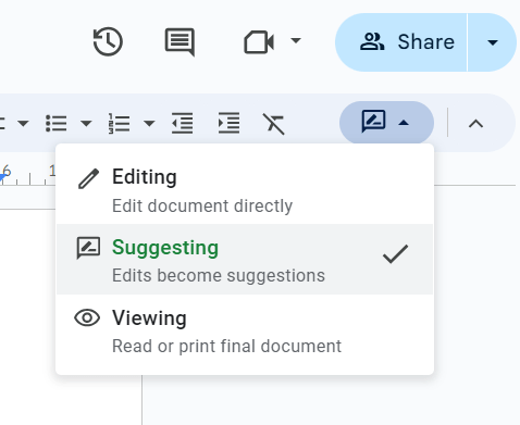 Selecting 'Suggesting' mode from the dropdown menu in Google Docs to track changes