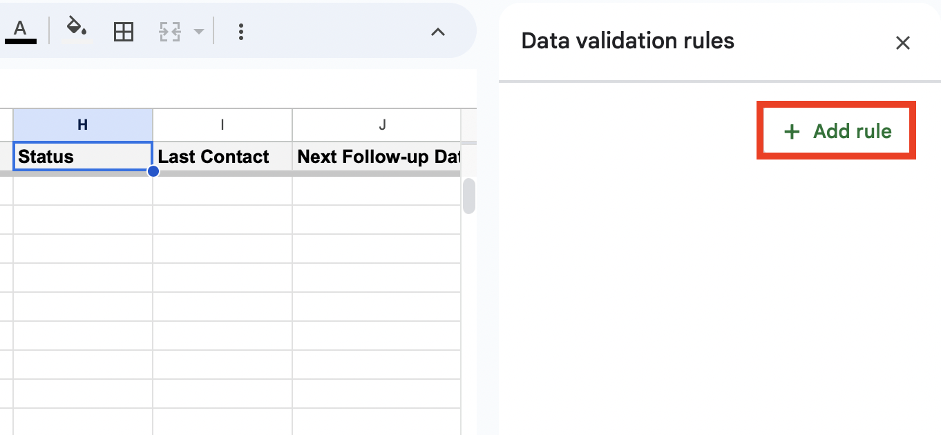 Setting a new data validation rule in Google Sheets  