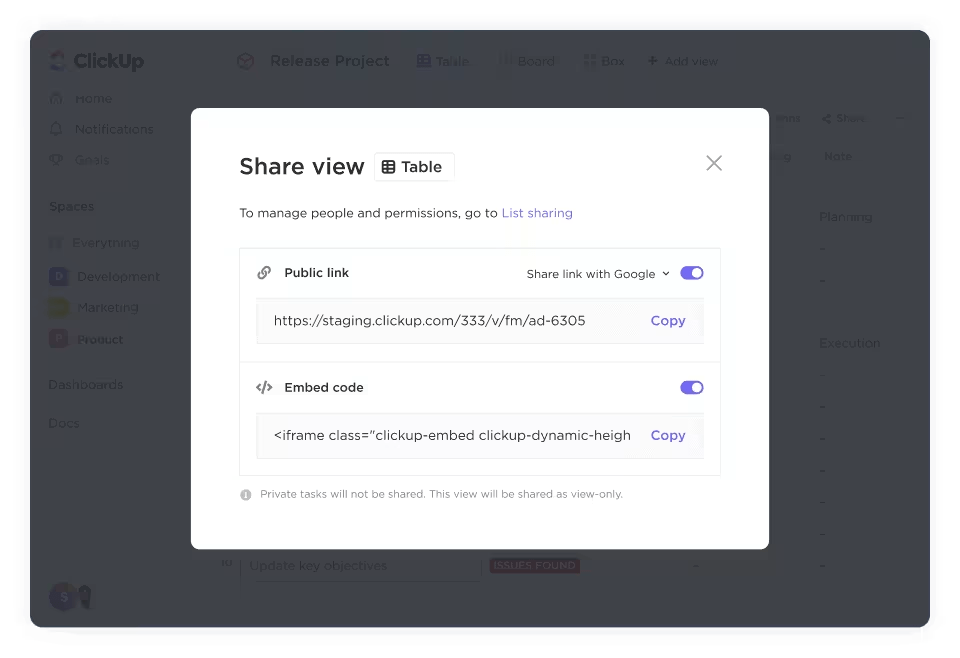 Comparta un enlace público a su vista Tabla en ClickUp con otras partes interesadas para mejorar la colaboración