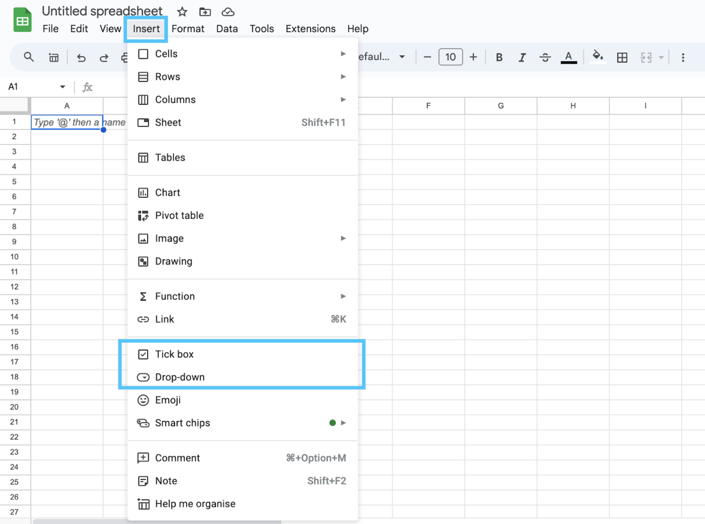 Shortcuts to tickbox and drop-down data validation in Google Sheets