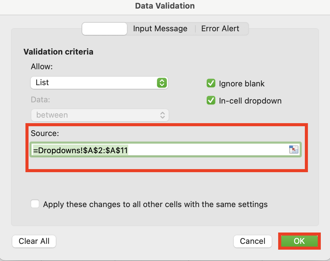 'Source 'option in the ‘Data Validation’ dialog box in Excel