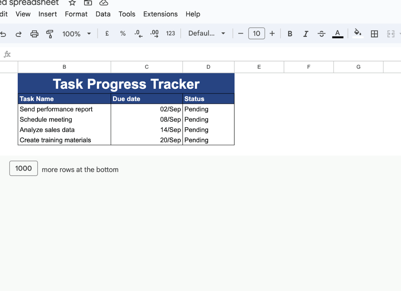 Spreadsheet untuk pelacak kemajuan tugas