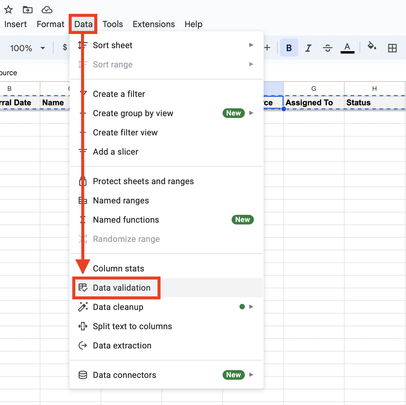 Googleスプレッドシートのcrmスプレッドシートでデータ検証ルールを設定するステップ