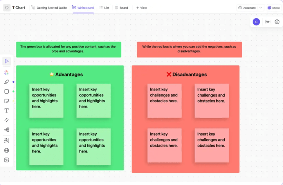 Compare opções com o modelo de gráfico T simples e pronto para uso do ClickUp