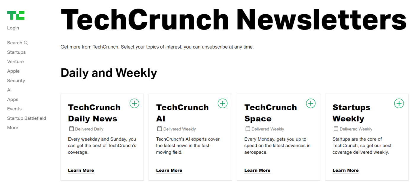 Uno screenshot della pagina iniziale della newsletter di TechCrunch