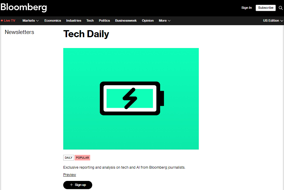 A screenshot of Tech Daily newsletter's home page