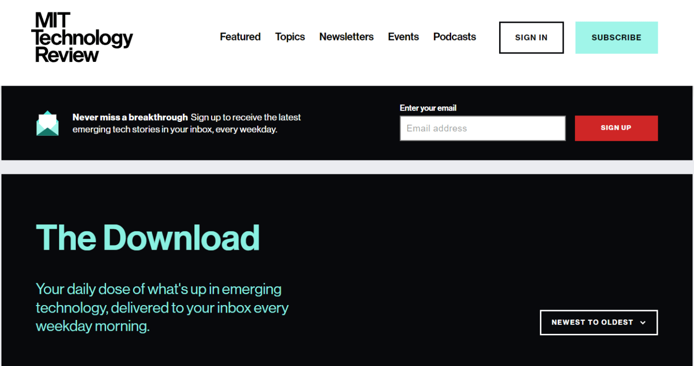 A screenshot of MIT Technology Review's The Download newsletter's home page