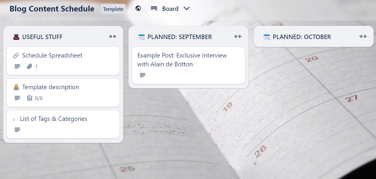 Modèle de calendrier de contenu de blog Trello