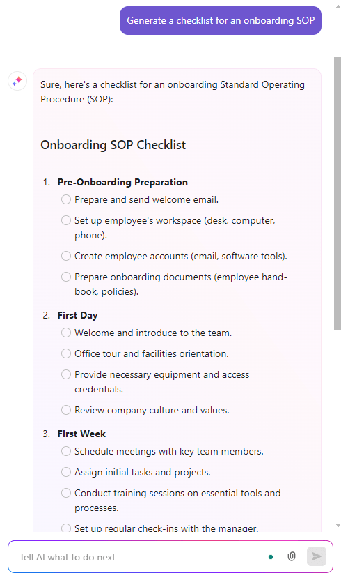 Saiba como escrever um procedimento operacional padrão (SOP) - Use o ClickUp Brain para gerar uma lista de verificação para um documento de SOP de integração