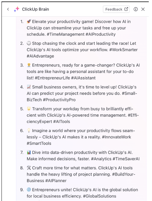 Użyj ClickUp Brain do generowania pomysłów na podpisy w mediach społecznościowych