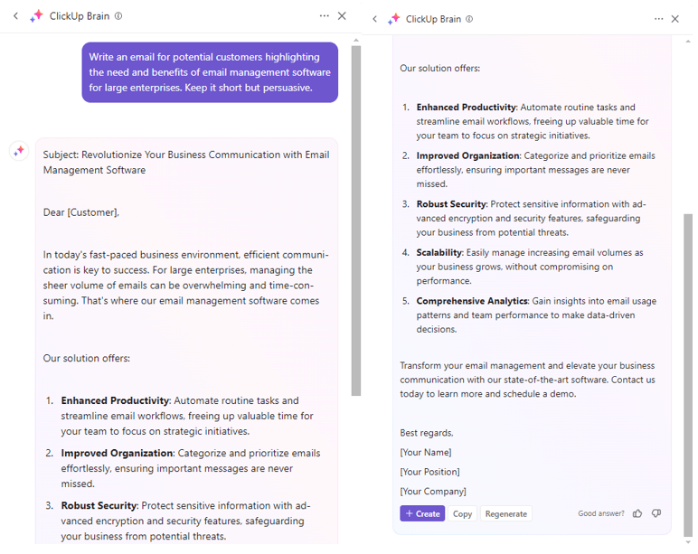 Gunakan ClickUp Brain untuk mendapatkan hasil maksimal dari upaya pemasaran email Anda