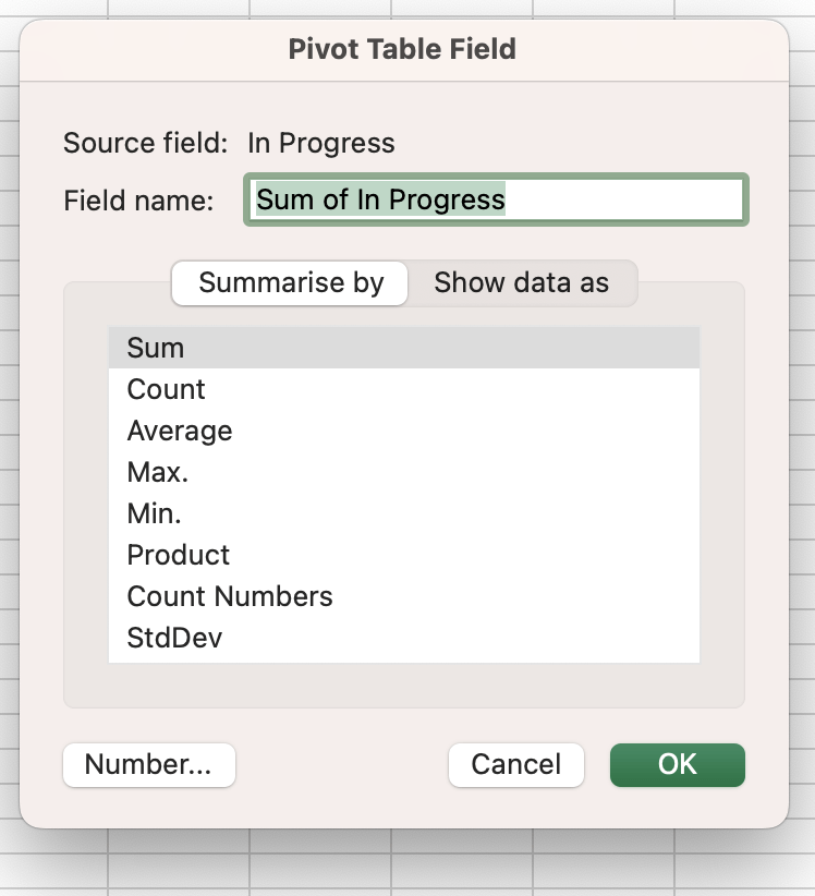 Various options for the numbers in the value field in Excel