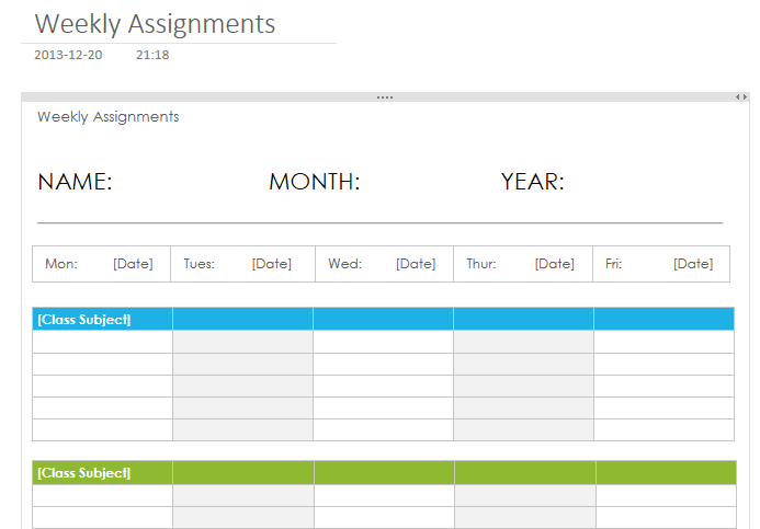 Szablon zadania tygodniowego: szablony kalendarza onenote