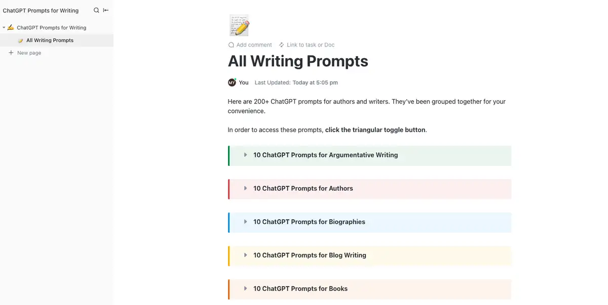 Incremente seus prompts de IA com mais de 200 amostras do ChatGPT Prompts for Writing Template do ClickUp