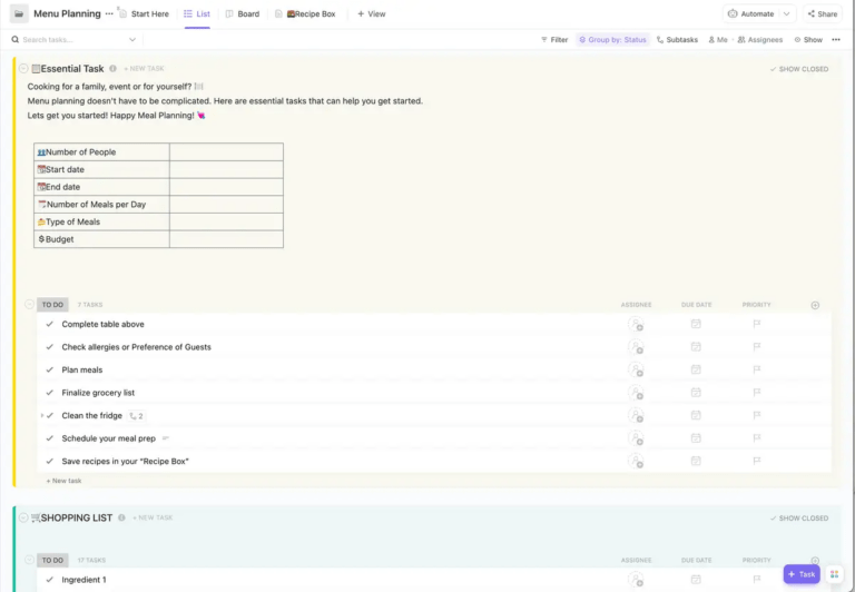 ClickUp Menu Planning Template