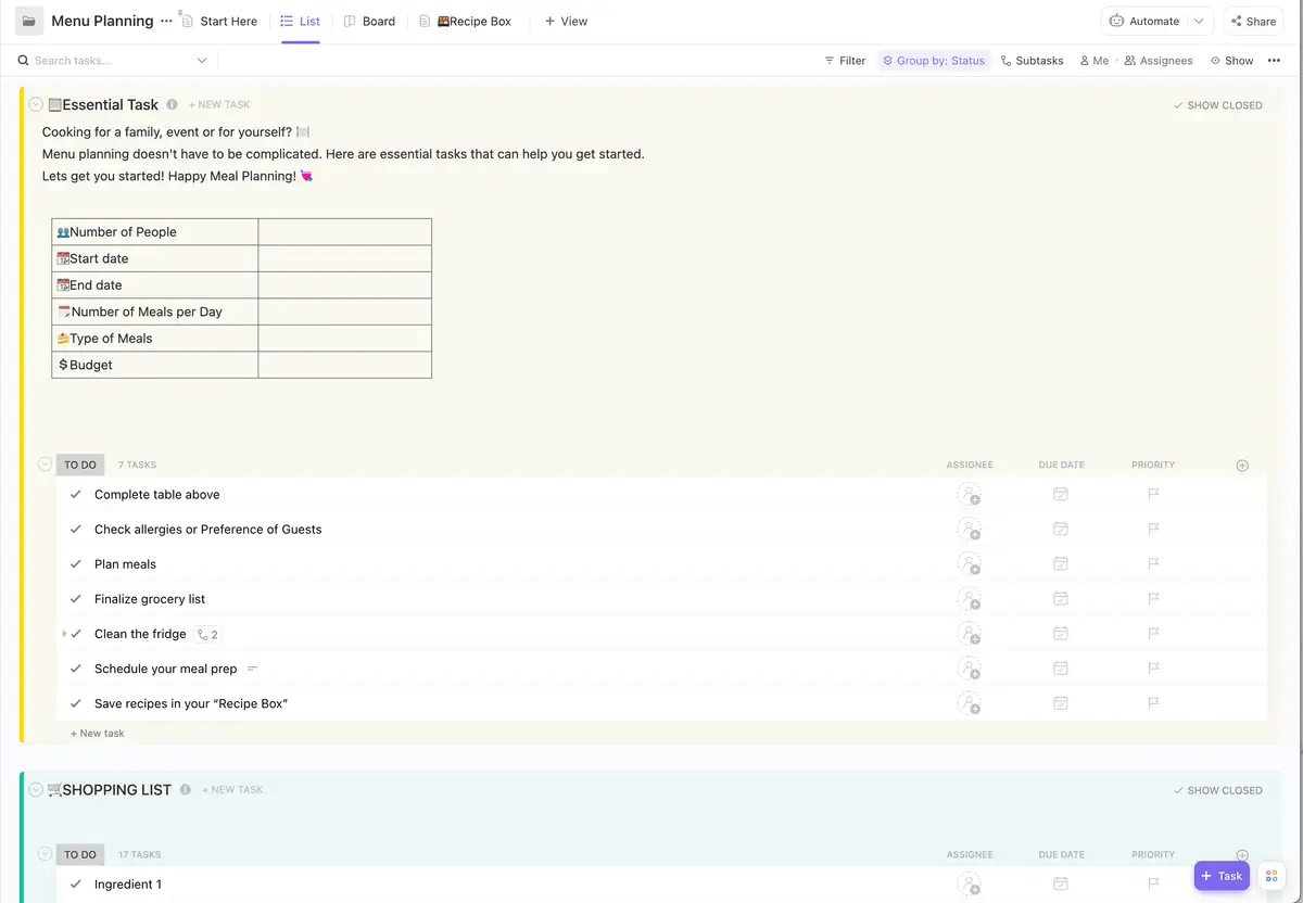 ClickUp Menu Planning Template
