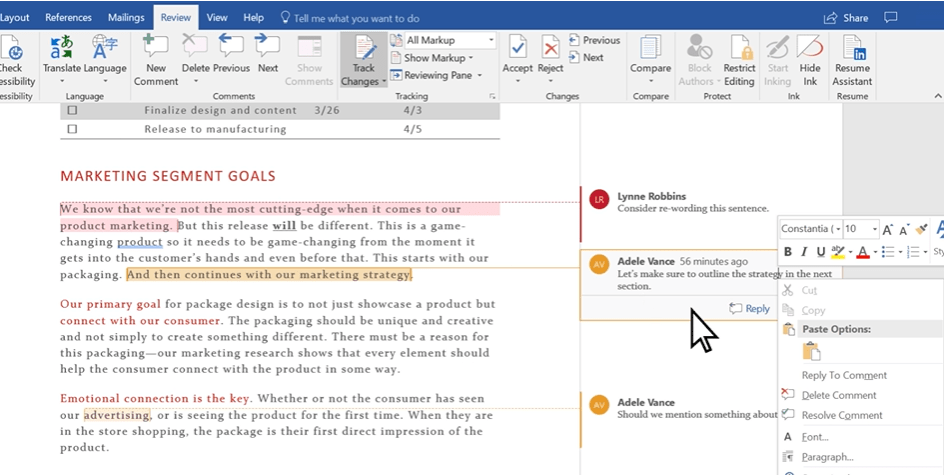 Kotak komentar untuk melacak perubahan di MS word