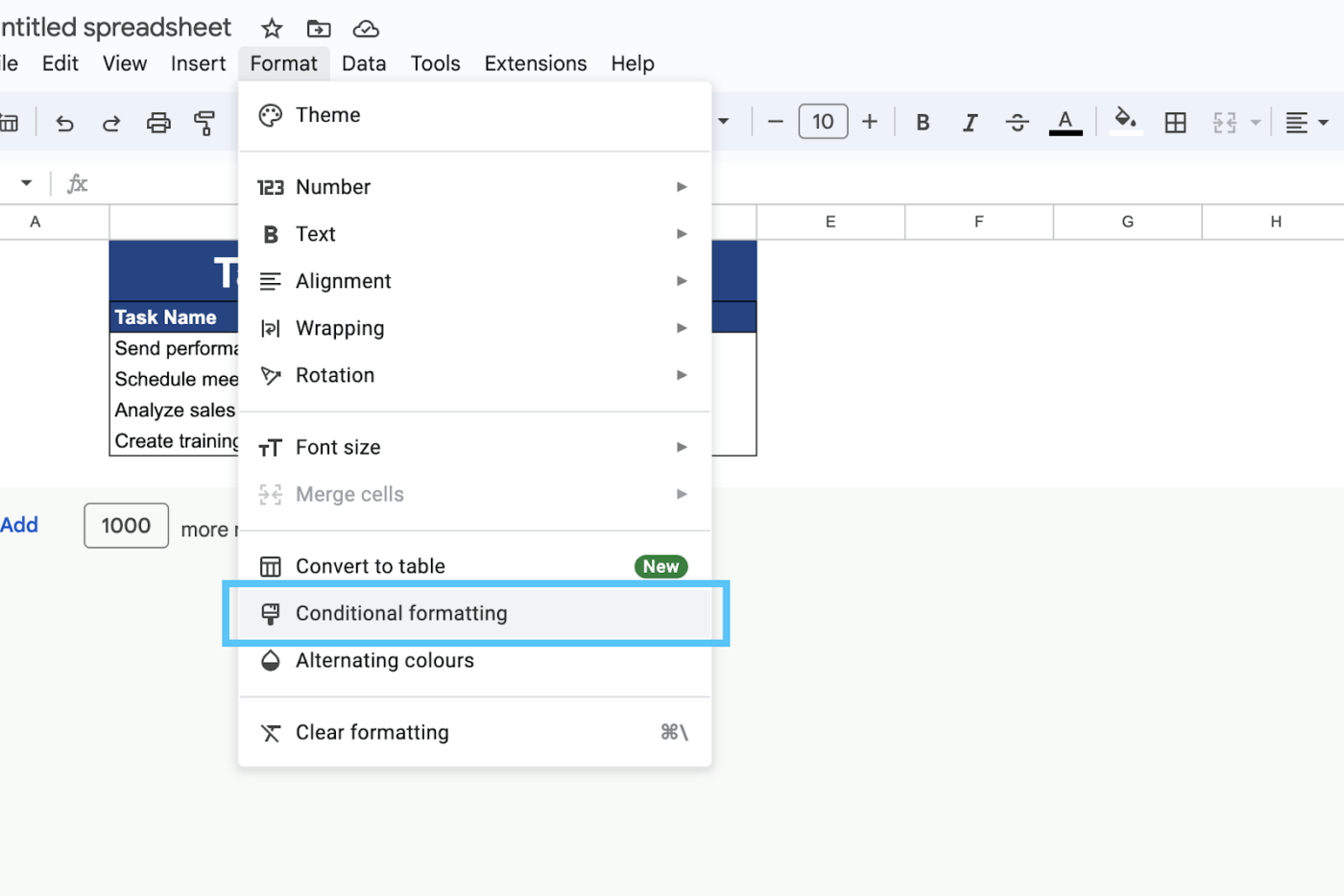 Mise en forme conditionnelle dans Google Sheets