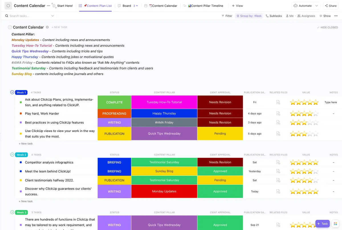 calendrier du contenu