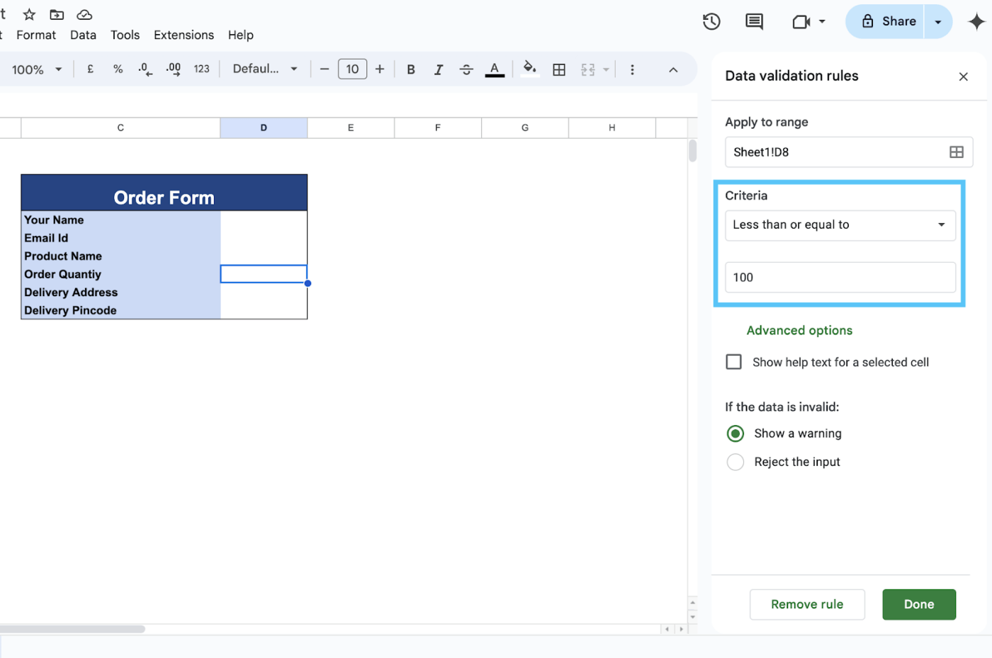 Criteria for data validation in google sheets