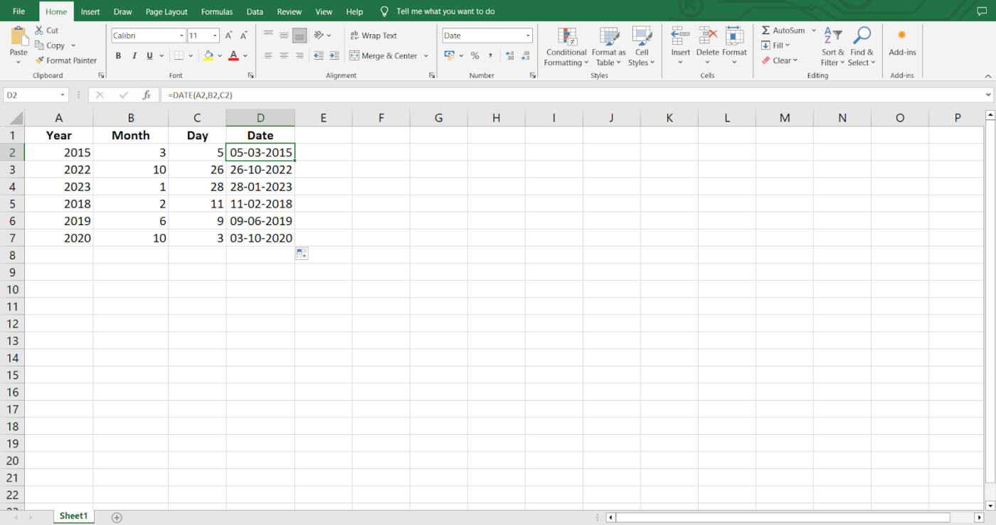 La función DATE devuelve valores separados de año, mes y día como una fecha completa