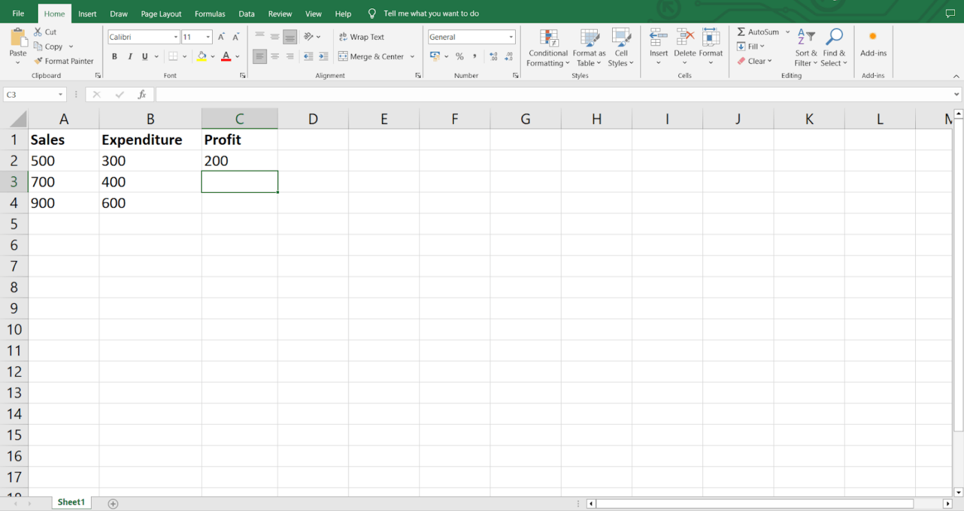 O lucro calculado com sucesso agora estará visível em C2