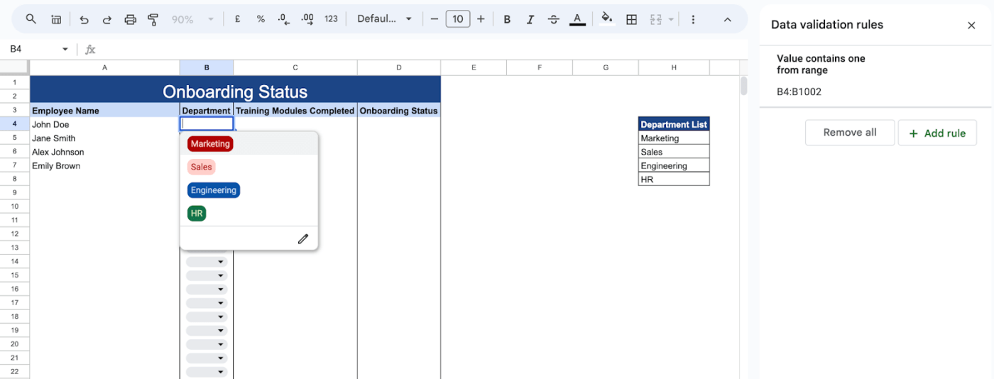 Listas suspensas em uma planilha de validação de dados no Google Sheets