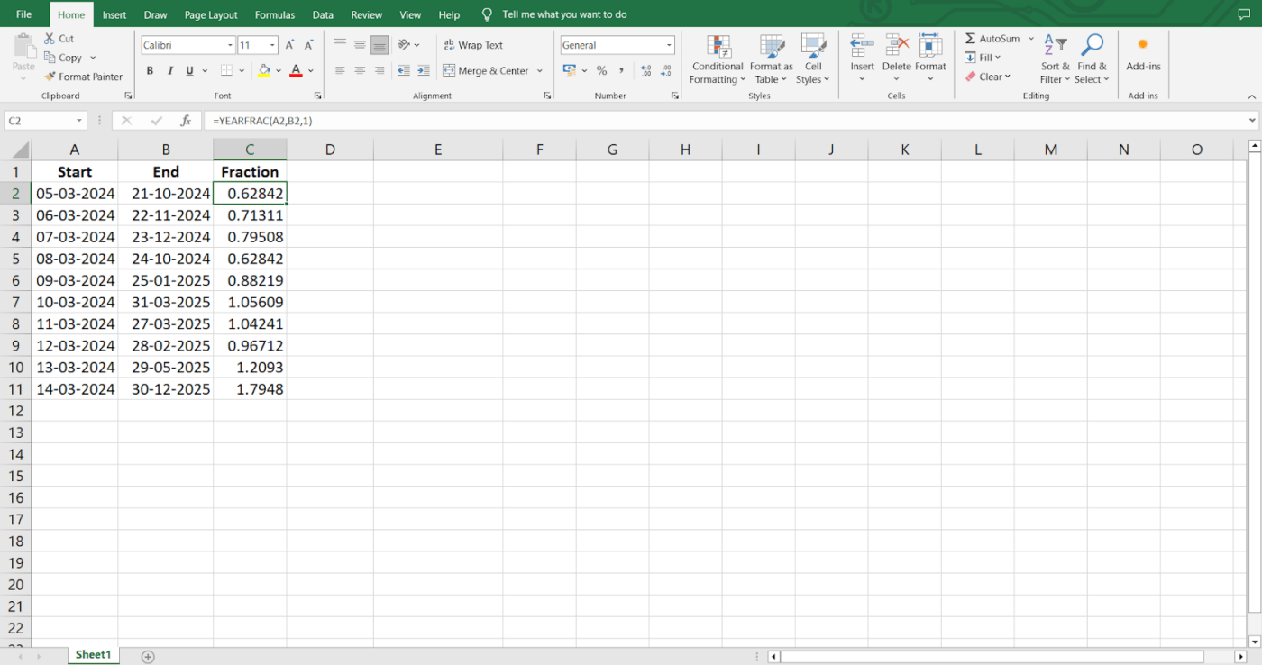 Voeg een basiswaarde toe zoals =YEARFRAC(A1, B1, 1) om verschillende dagtellingsconventies in Excel te gebruiken