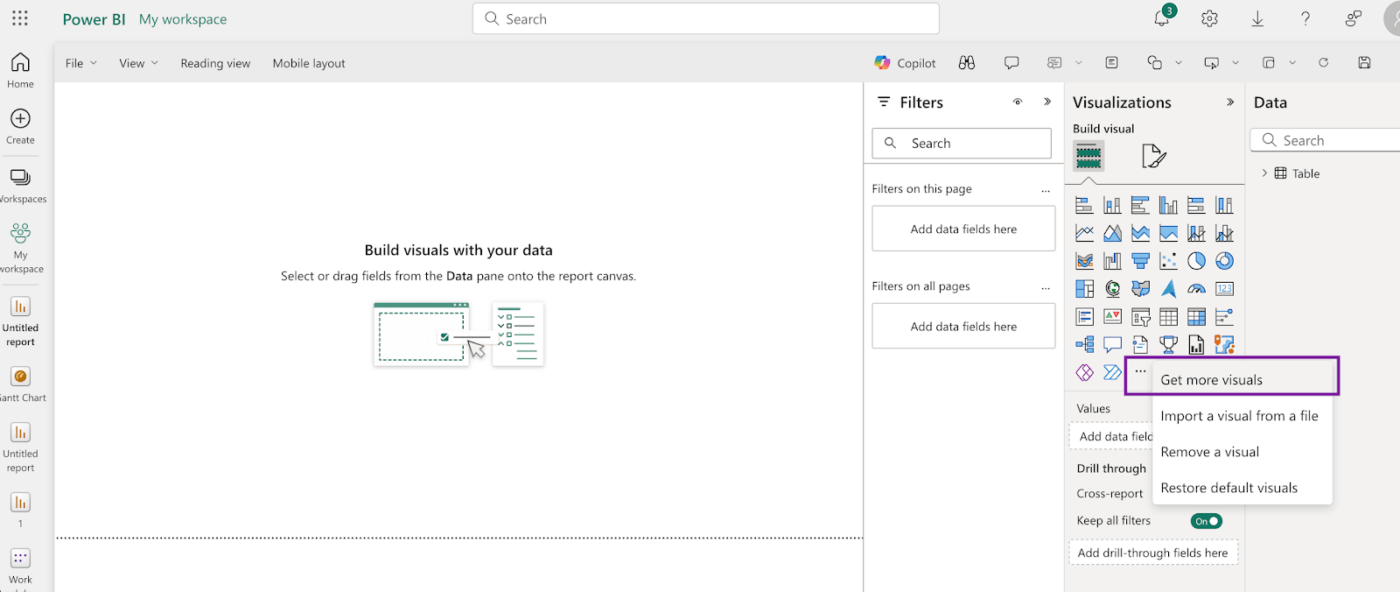 opsi 'Dapatkan lebih banyak visual' di Power BI