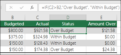 A fórmula do Excel na célula D2 é =IF(C2>B2, "Acima do orçamento", "Dentro do orçamento")