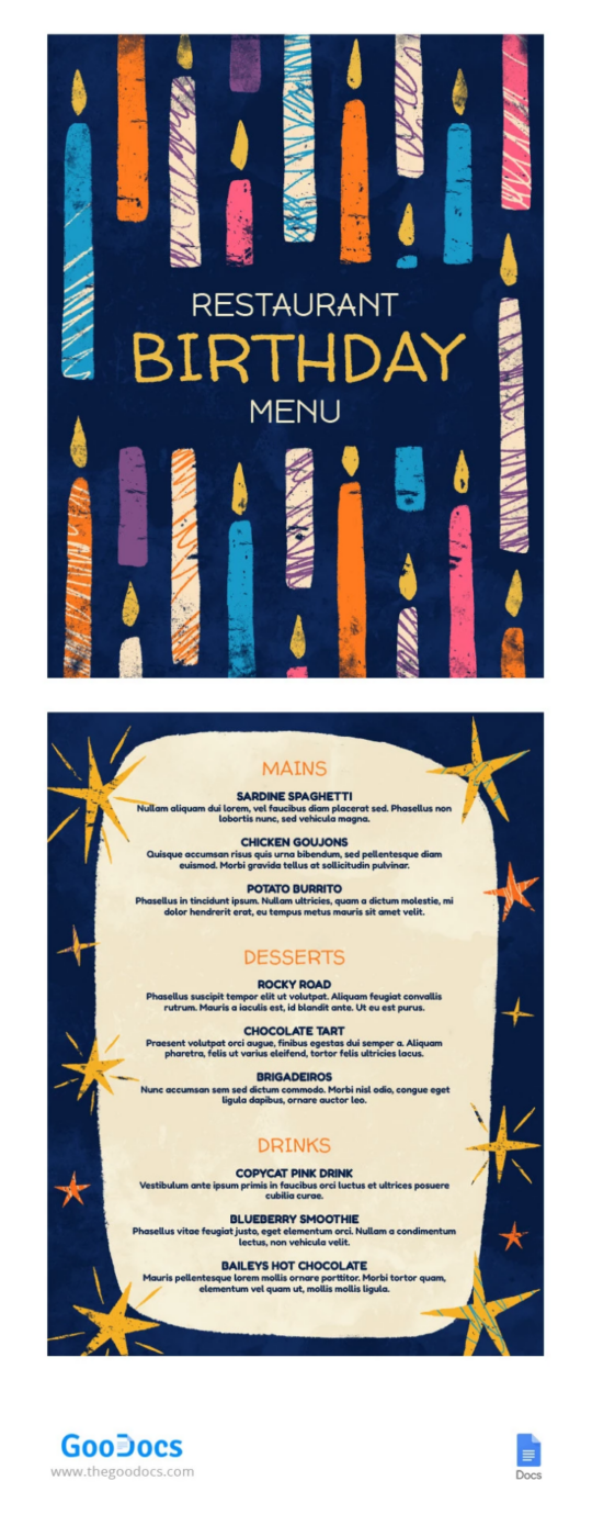 Birthday Restaurant Menu Template by GooDocs