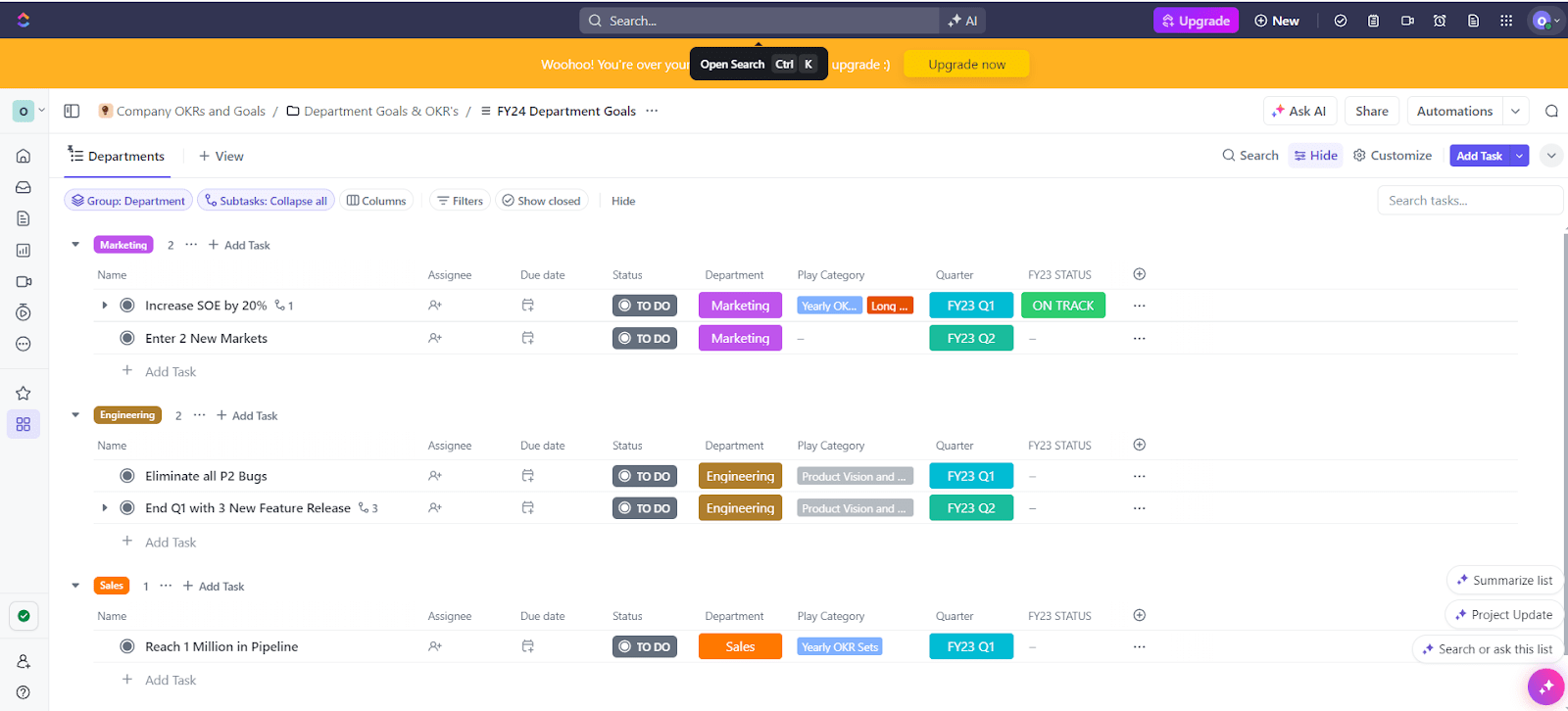 Erstellen Sie eine Organisationsstruktur, die die Vision und die Werte Ihres Unternehmens widerspiegelt, mit der ClickUp Vorlage für Unternehmens-OKRs und -Ziele