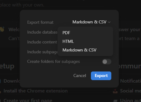 Exportformat in Notion