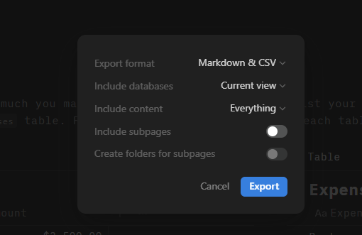 Formato de exportação Markdown e CSV no Notion