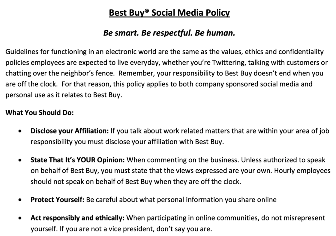 Esempi di politica sui social media - BestBuy