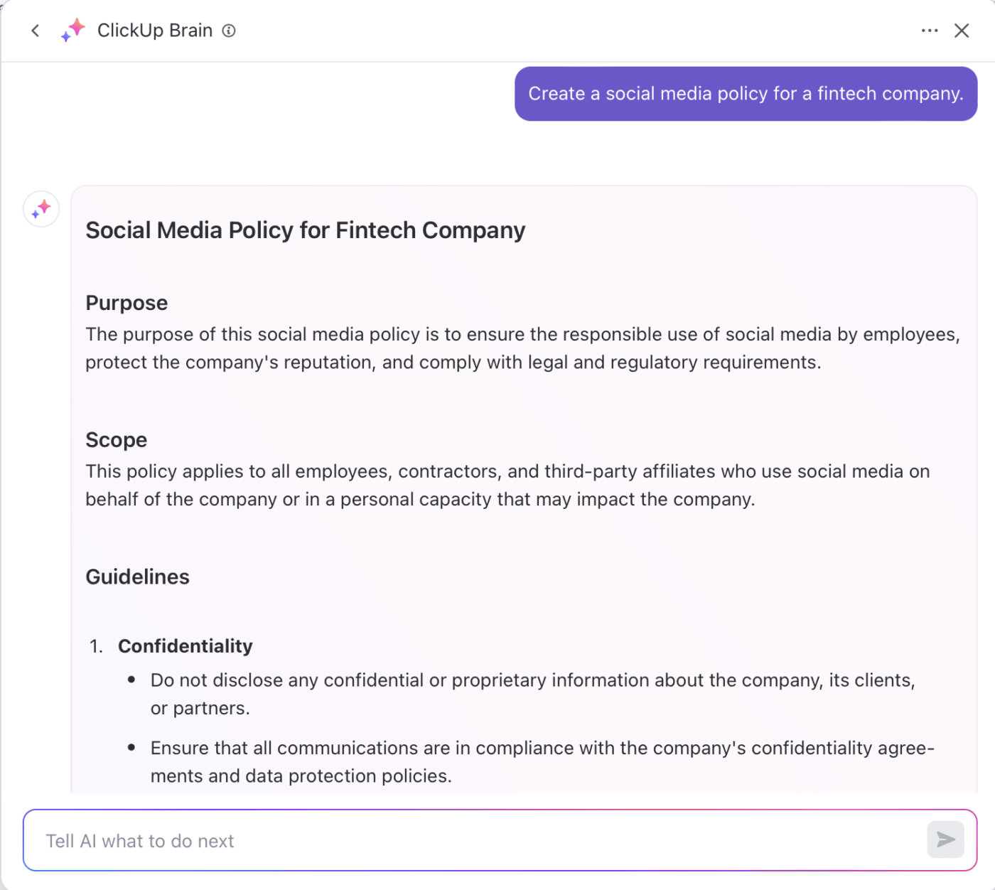 Nutzen Sie ClickUp Brain, um Ideen für Ihre Social Media Policy zu entwickeln