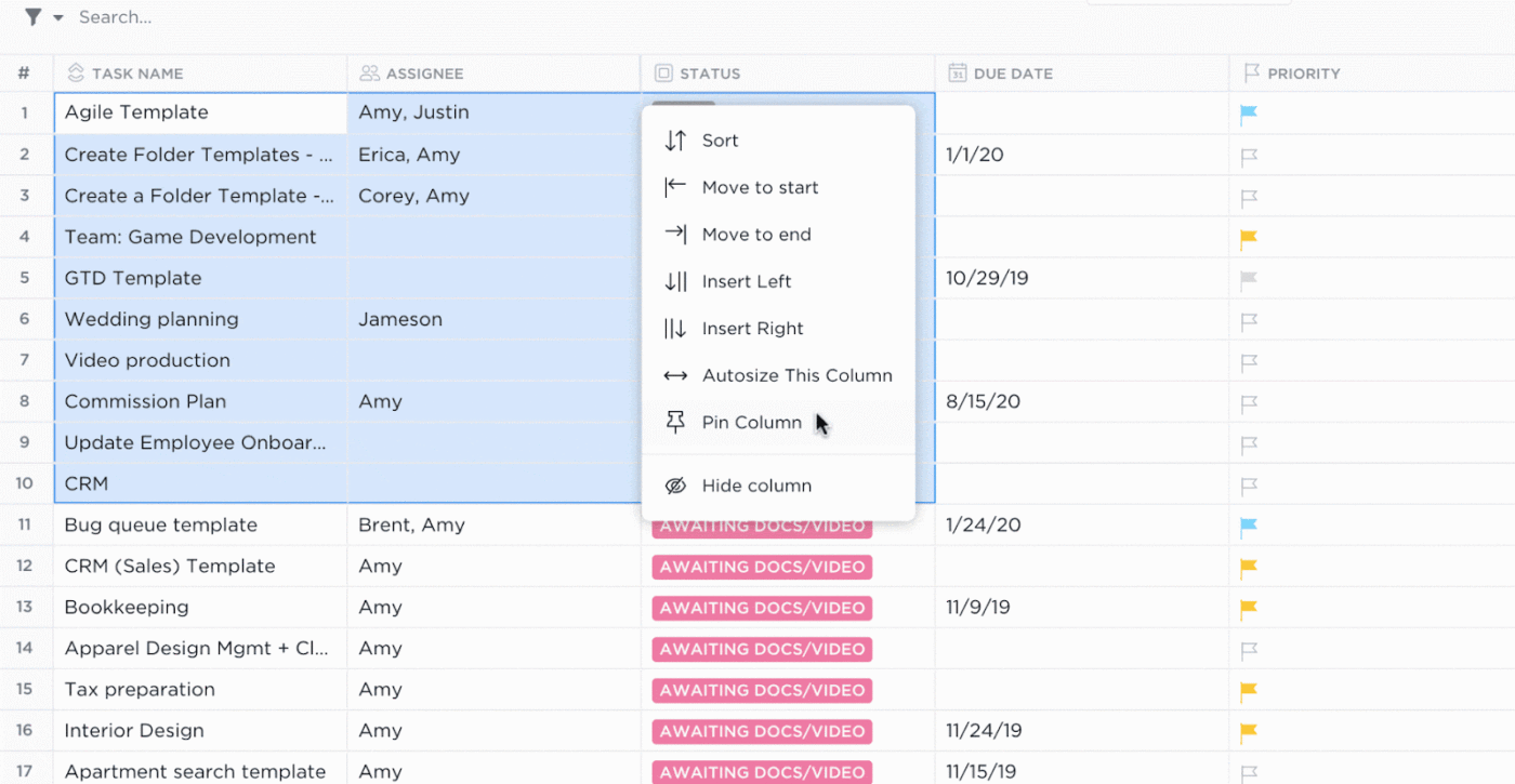 Vue du tableau ClickUp