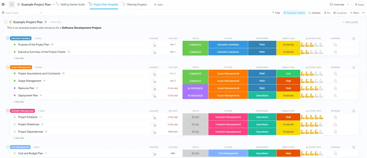 ClickUpのプロジェクトプランテンプレート例で開発プロジェクトの詳細なプランを作成する。