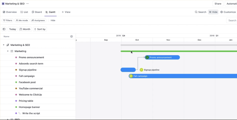 Vue Gantt de ClickUp