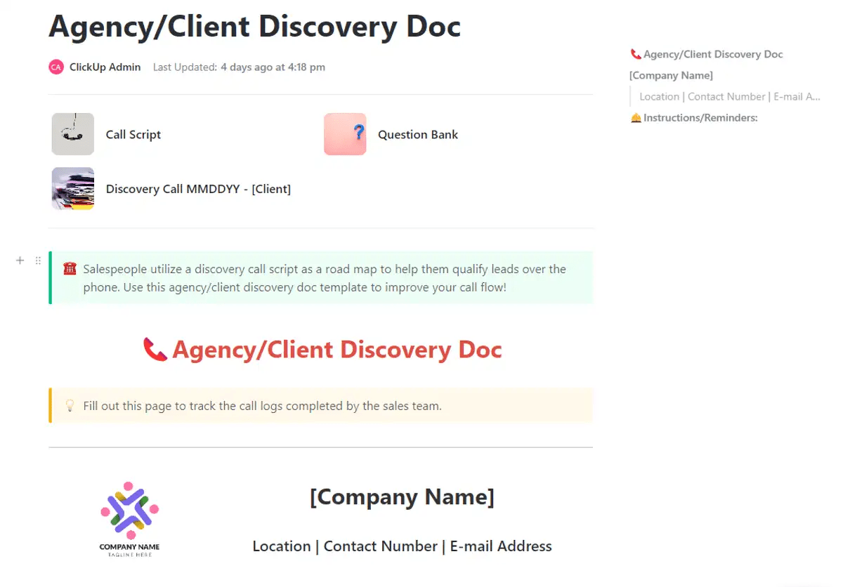 Zrozumienie i zaspokojenie potrzeb klienta dzięki szablonowi ClickUp Agency/Client Discovery Doc Template