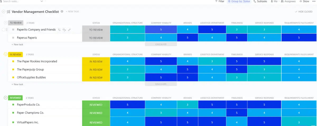 Scoprite come semplificare i fogli di calcolo ricchi di contenuti con il modello di lista di controllo per la gestione dei fornitori di ClickUp