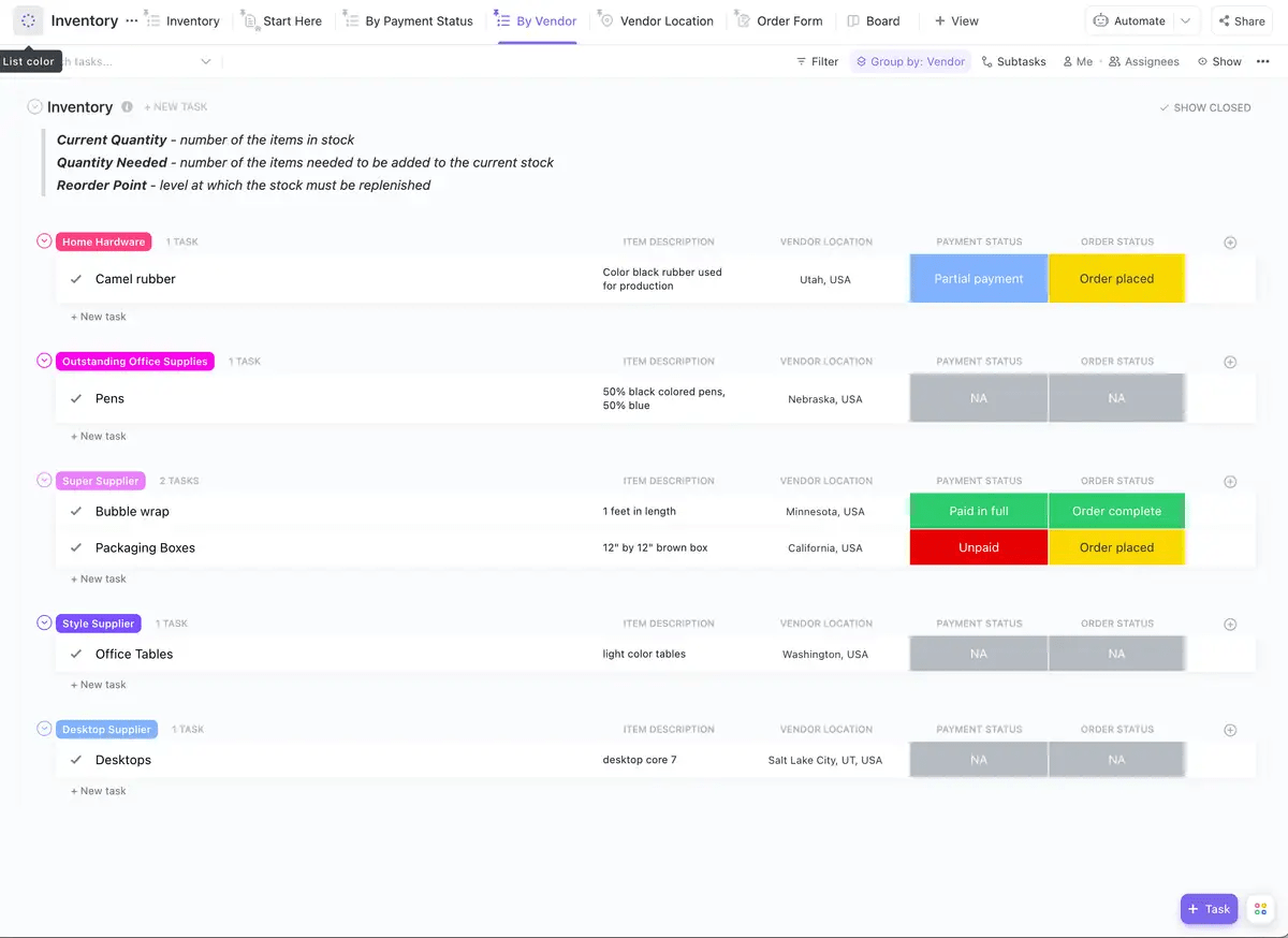 Tenete sotto controllo l'intero inventario e il suo impatto sulla vostra catena di fornitura con il modello di inventario di ClickUp