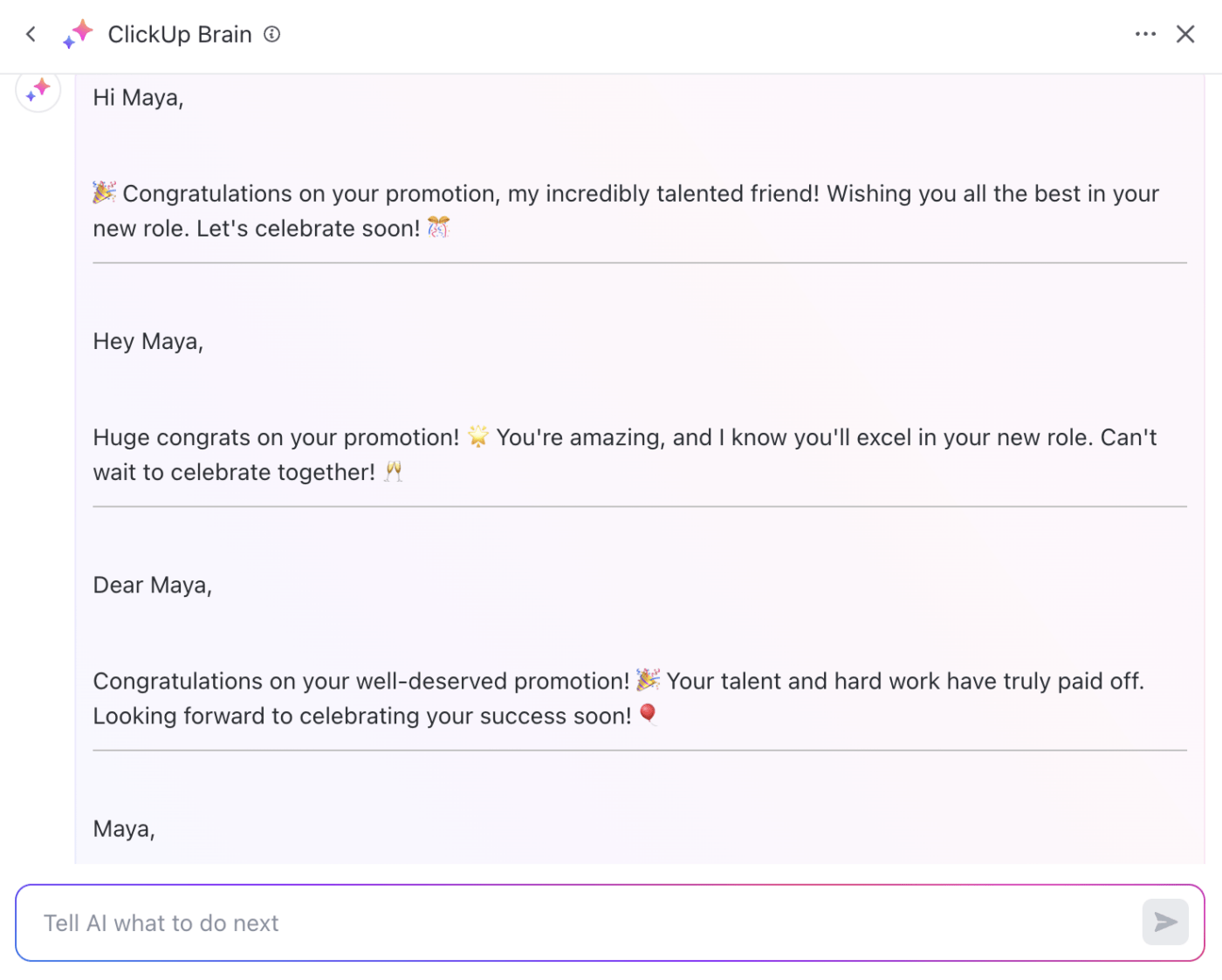 ClickUp Brain for Congratulations on your Promotion Messages