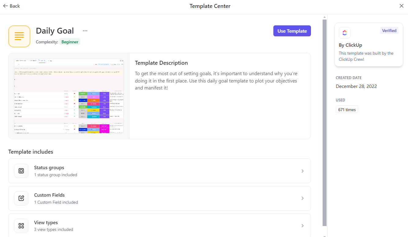 Assuma o controle do seu dia com o modelo de metas diárias do ClickUp