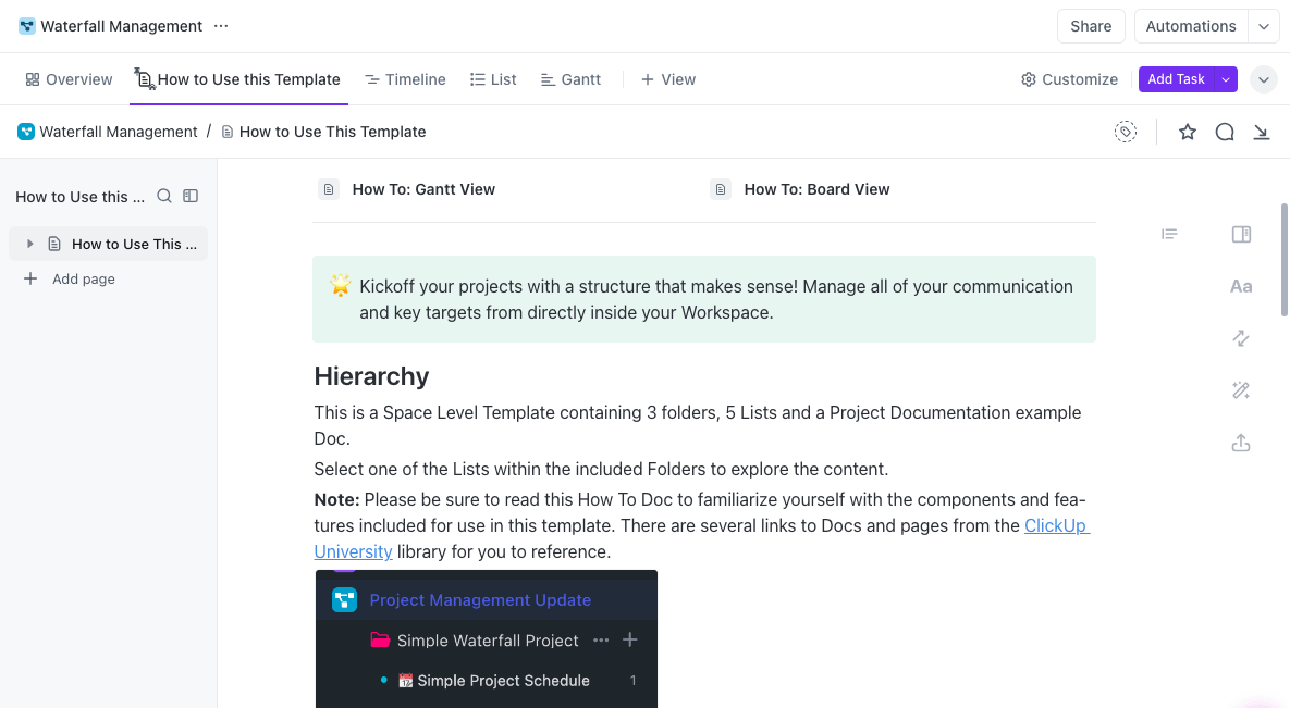 Visualize project progress and tasks with ClickUp’s Waterfall Management Template