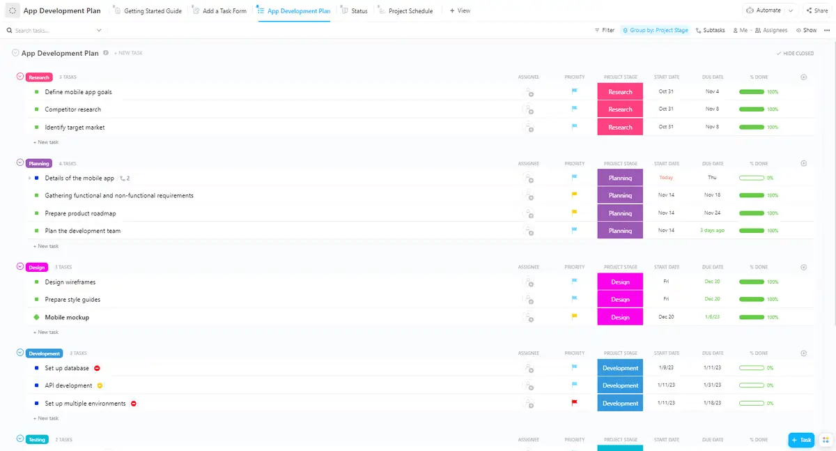 Unifique e gerencie as fases complexas da criação de um aplicativo com o modelo de plano de desenvolvimento de aplicativos do ClickUp