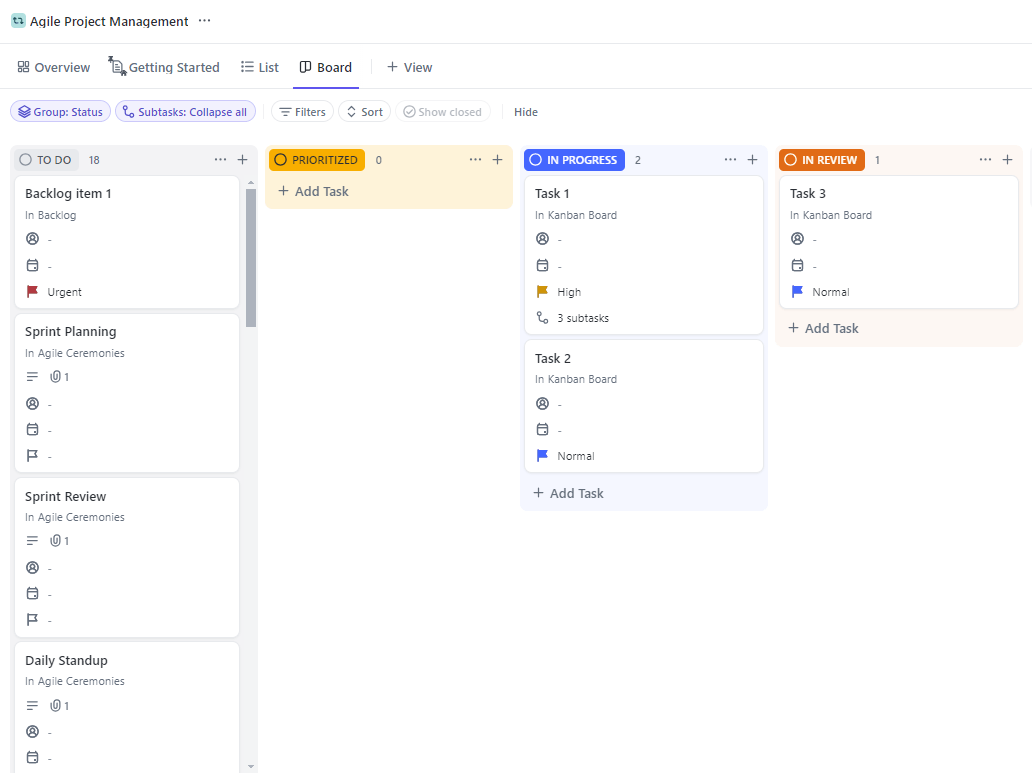 Asegúrese de que sus ideas pasan del concepto a la finalización sin problemas con la plantilla de gestión ágil de proyectos de ClickUp