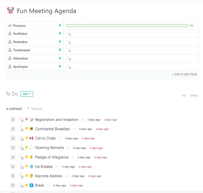 Ensure productivity and a healthy workplace with ClickUp's Fun Meeting Agenda Template