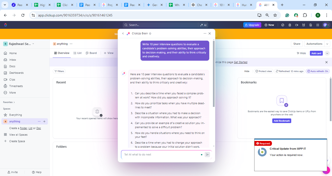 ClickUp Brain to generate peer interview questions 